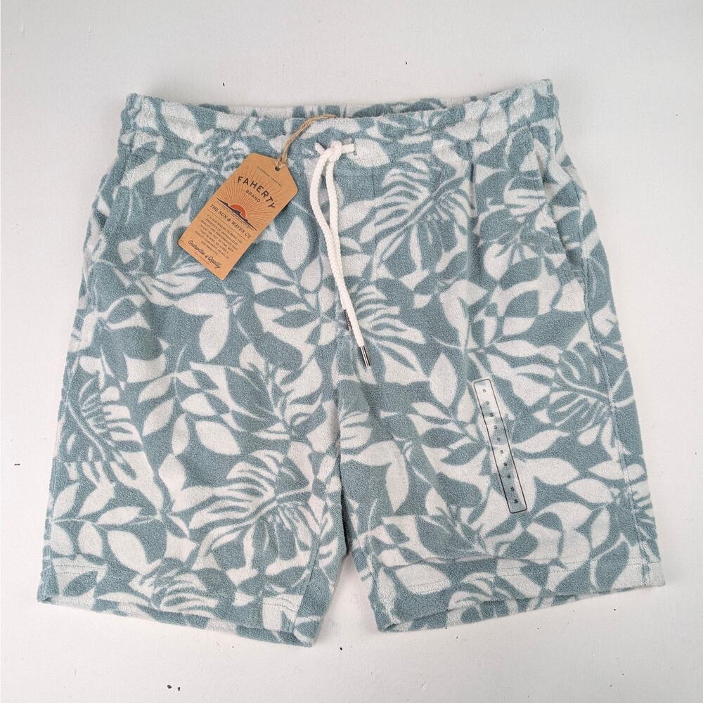 Faherty Men's Small Cabana Towel Terry Shorts - Poolside Foliage Teal